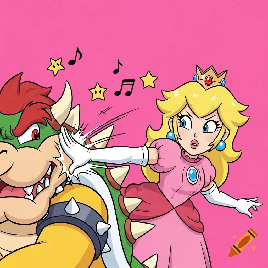 Princess Peach slaps Bowser's face in a cartoon style, with musical notes and stars floating around.