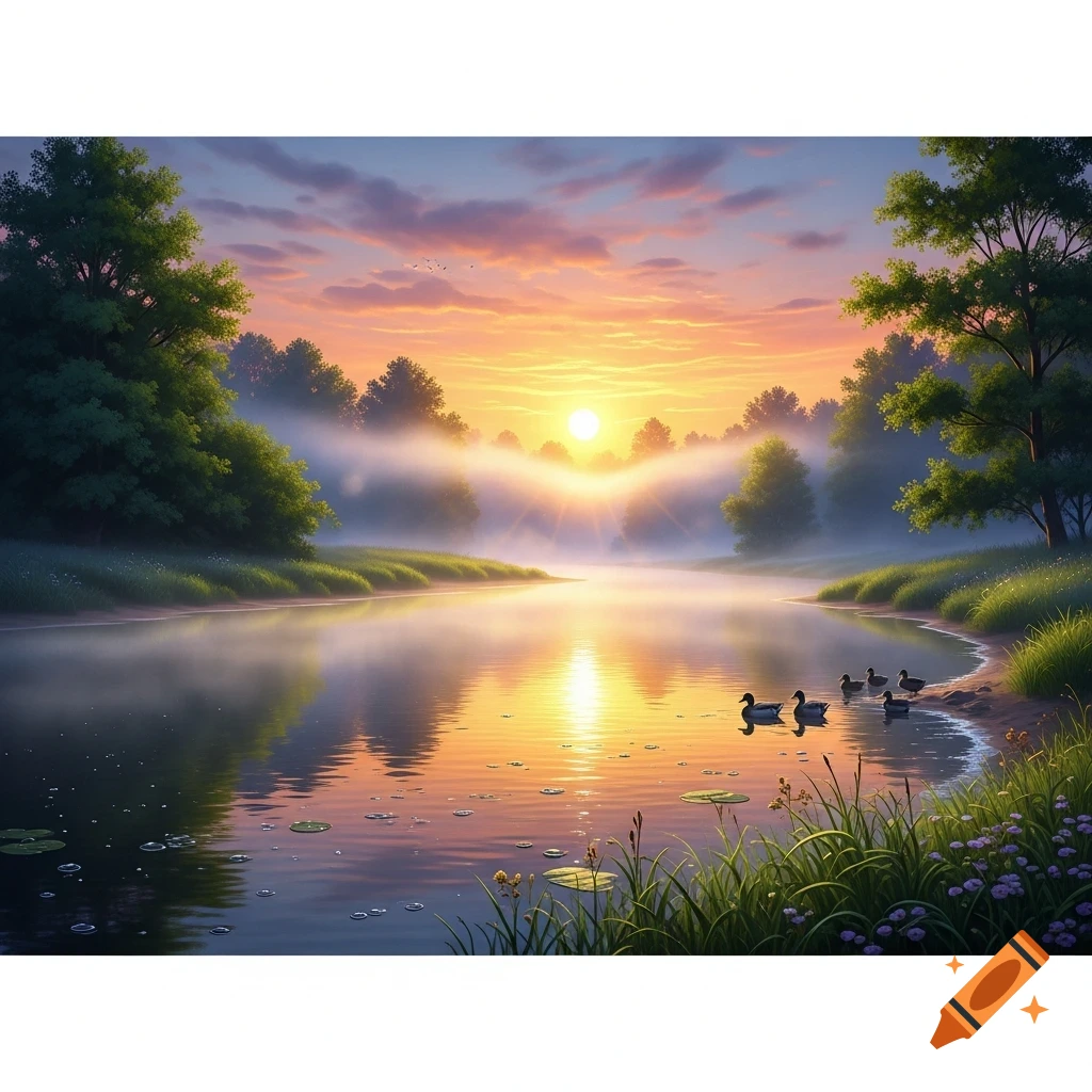 A tranquil river at sunrise or sunset with fog, lush green banks, and ducks swimming, reflecting a golden sky.