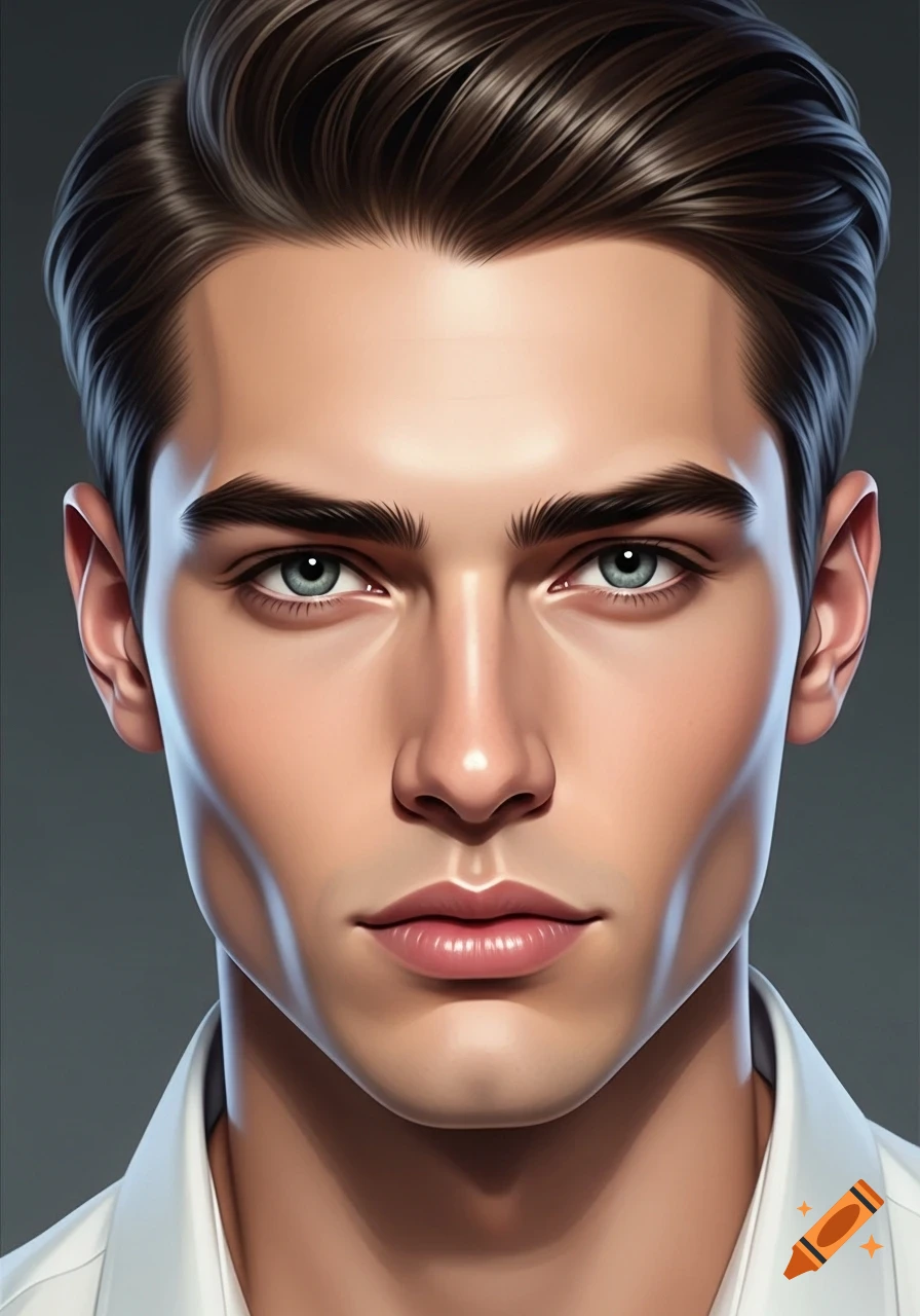 A photorealistic, stylized portrait of a young man with dark hair, blue eyes, and a defined jawline, looking directly forward.