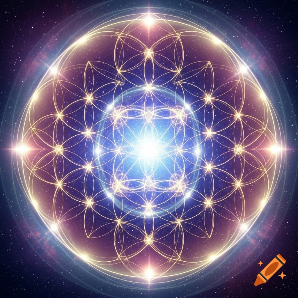 A vibrant, glowing Flower of Life sacred geometry symbol with golden lines and a bright blue core, set against a dark, starry cosmic background.
