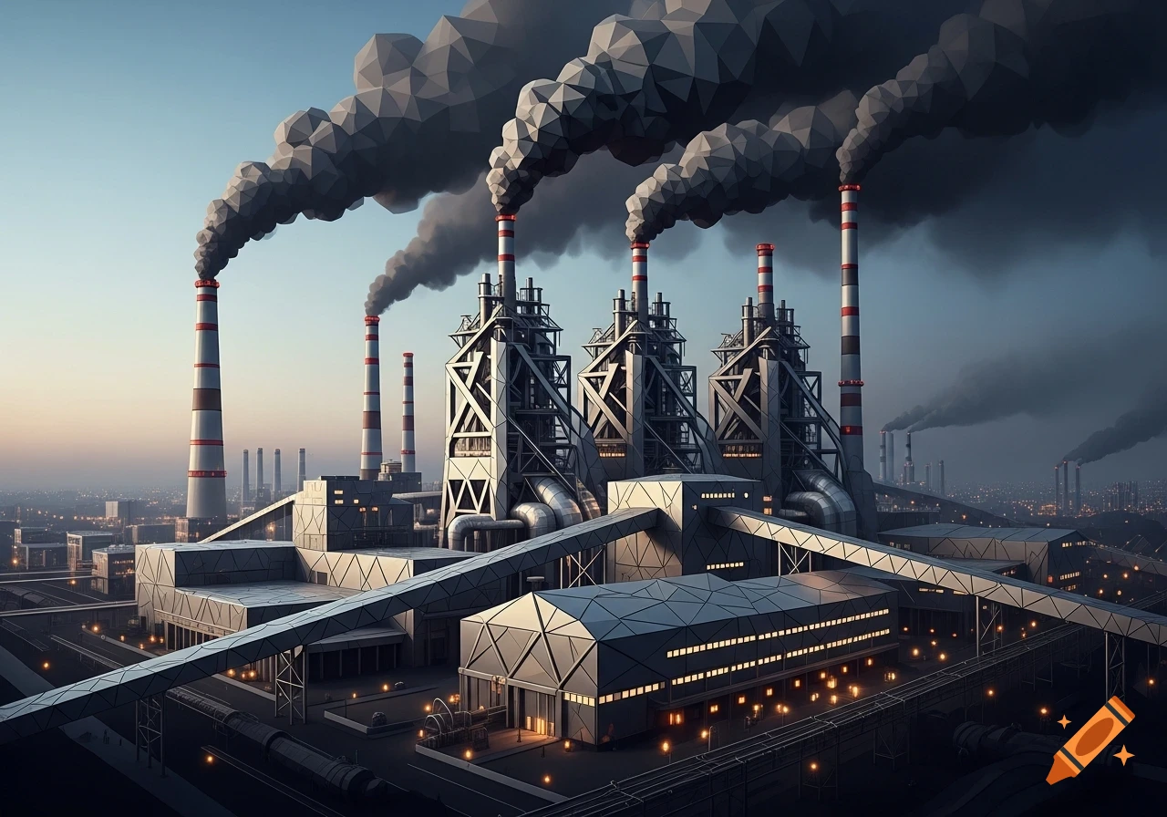 An aerial view of a polygonal art style coal factory with many smokestacks emitting thick, dark smoke against a dusk sky.