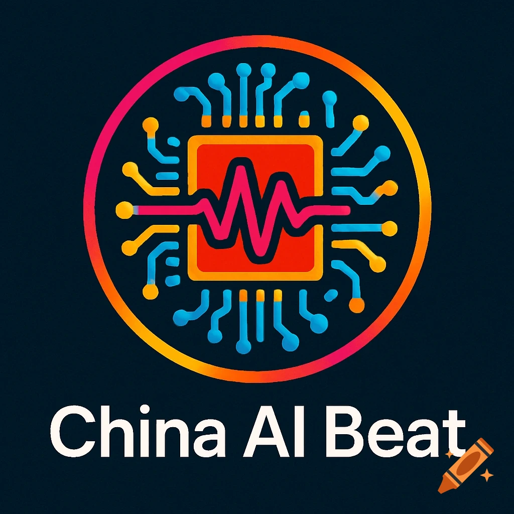 A circular logo featuring a stylized circuit board with an orange and pink waveform, above the text 'China AI Beat' on a dark background.