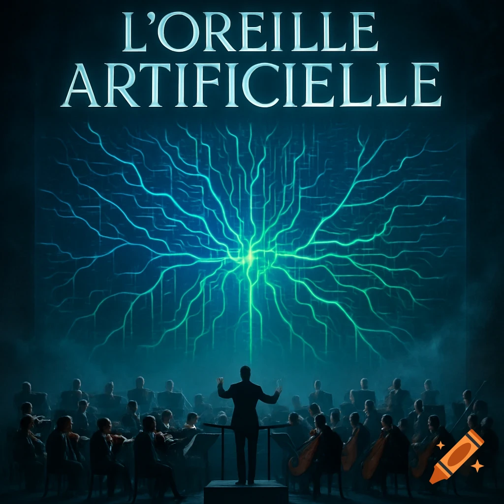 An orchestra with a conductor performs in a dark setting, facing a large screen displaying bright green neural network patterns. The title 'L'OREILLE ARTIFICIELLE' is at the top.