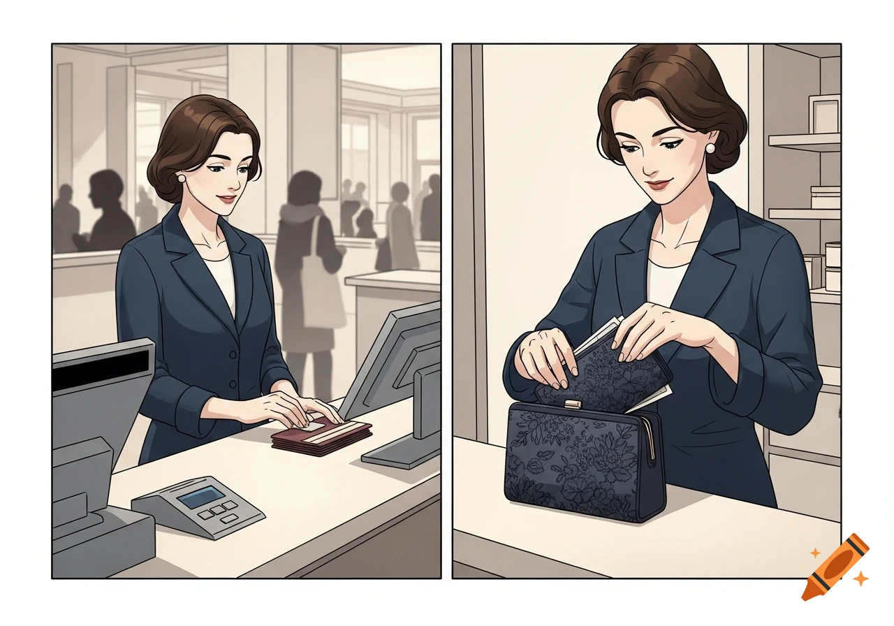 A two-panel anime illustration shows a woman at a counter, then opening her wallet to pay.