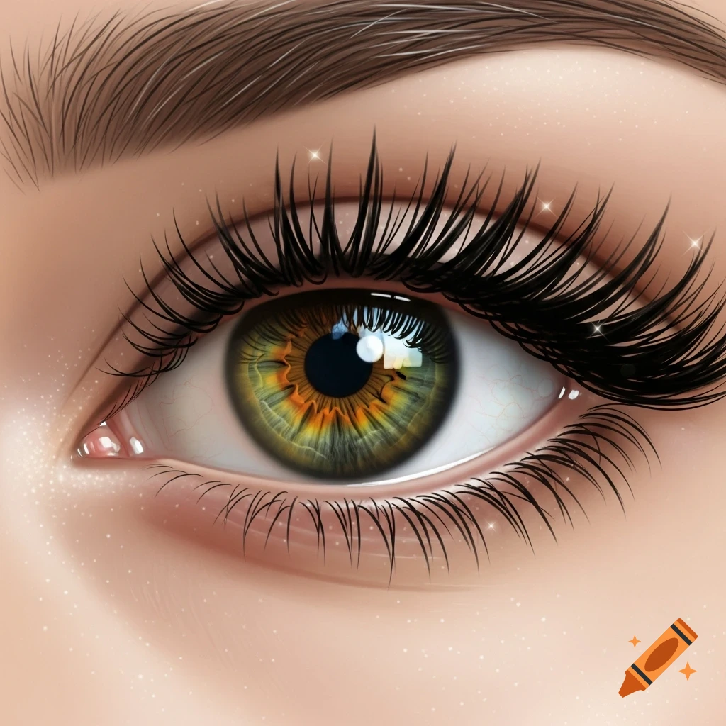 Close-up stylized illustration of a hazel eye with long eyelashes and mascara, featuring shimmering highlights.