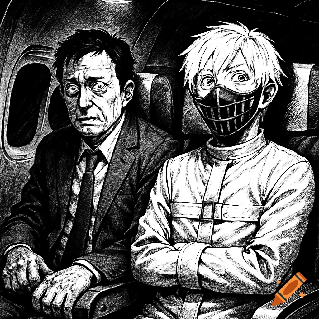 A nervous man in a suit sits beside a smiling blonde man in a straitjacket and muzzle on a plane, in a black and white manga horror style.