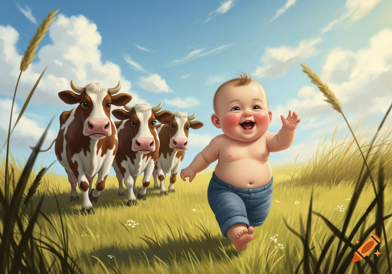 A laughing chubby baby in blue pants runs through a sunny field with cows playfully behind him, in an illustrative style.