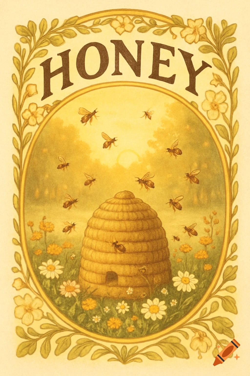 Stylized illustration of a beehive surrounded by flying bees and wildflowers, framed by a floral border, with 'HONEY' written at the top.