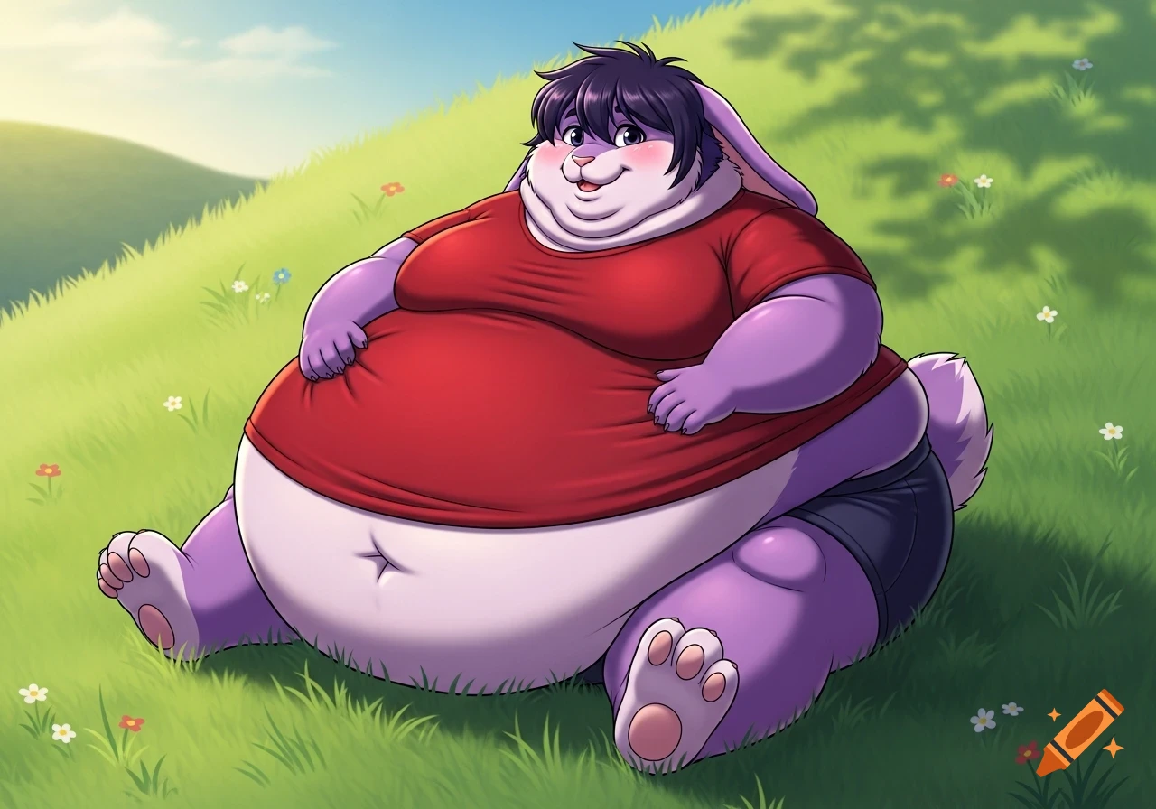 An extremely obese purple bunny character with black hair, red t-shirt, and shorts sits smiling on a grassy hill.