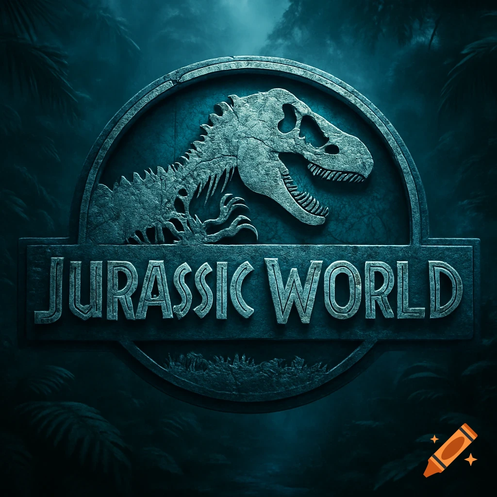 The textured, teal 'Jurassic World' logo with a dinosaur skeleton within a circular emblem, set against a dark, misty jungle background.