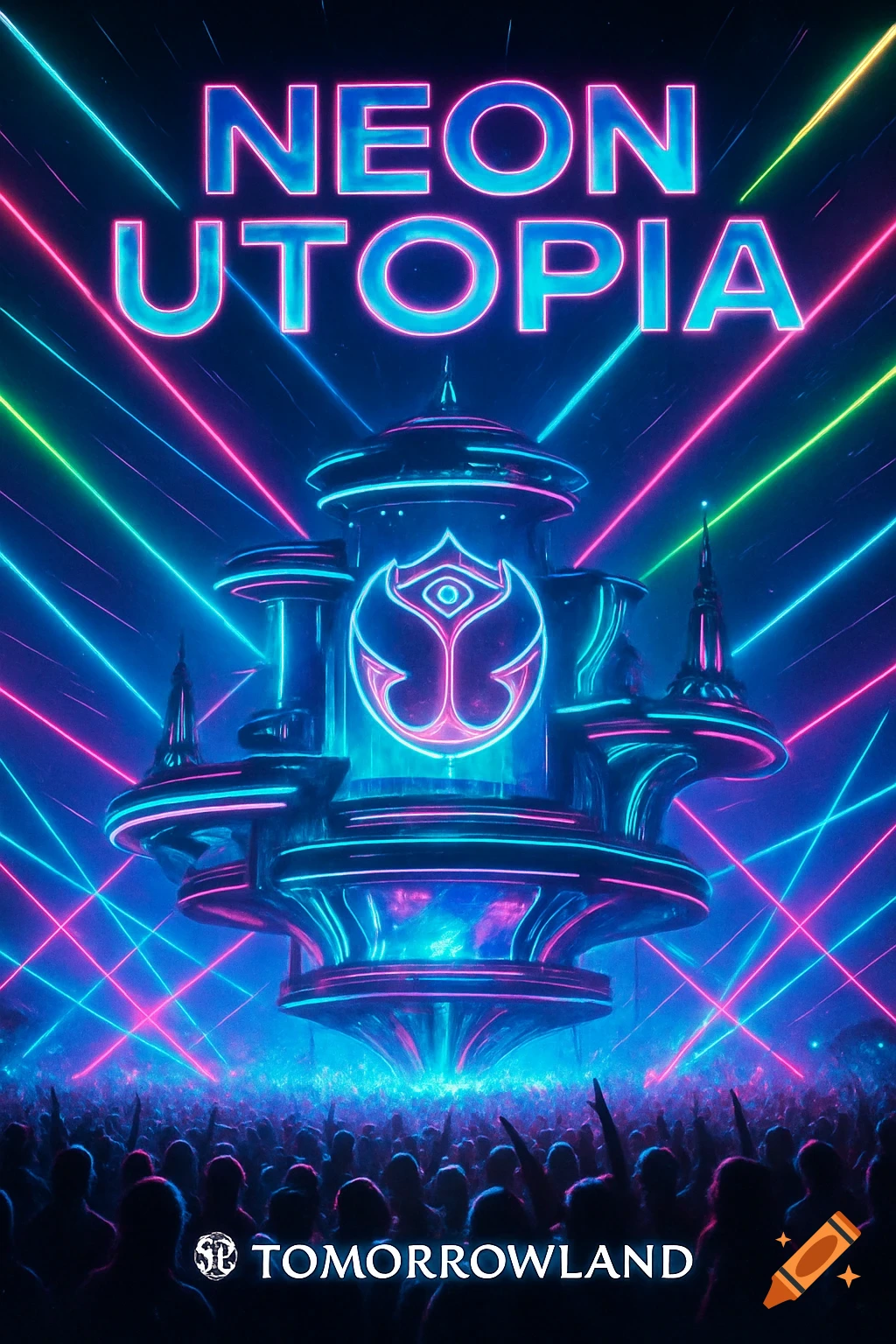 A vibrant, futuristic poster for 'Neon Utopia Tomorrowland' featuring a neon-lit stage, lasers, and a large crowd.
