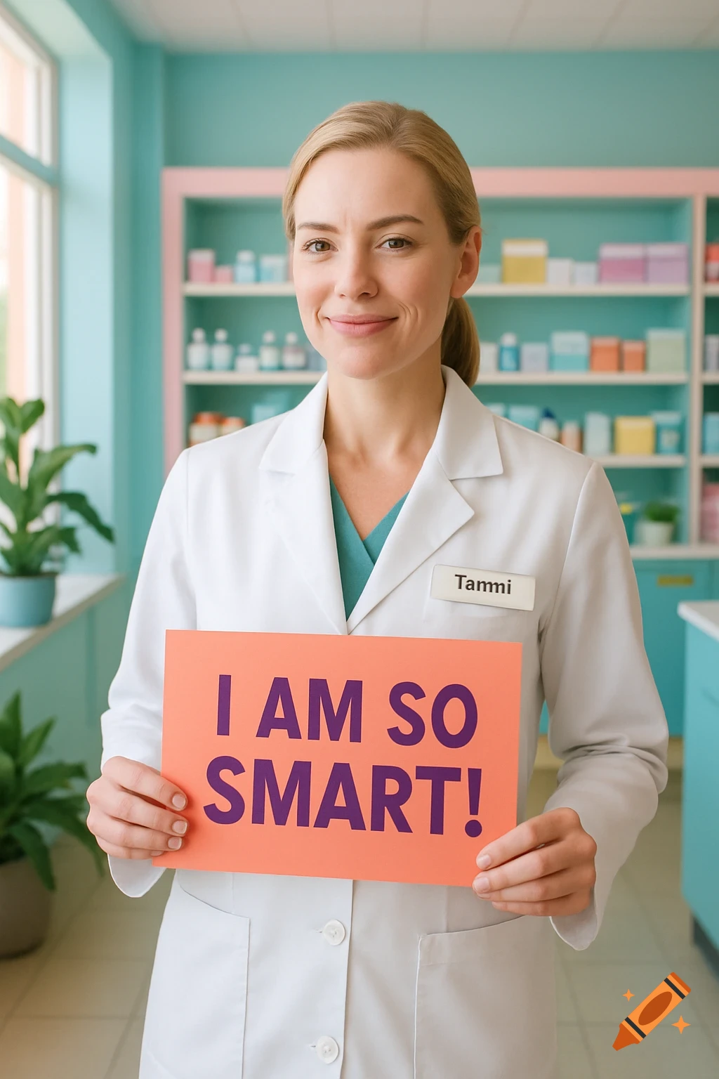 A smiling female pharmacist named Tammi in a white coat holds an orange sign that reads "I AM SO SMART!" in a pharmacy.