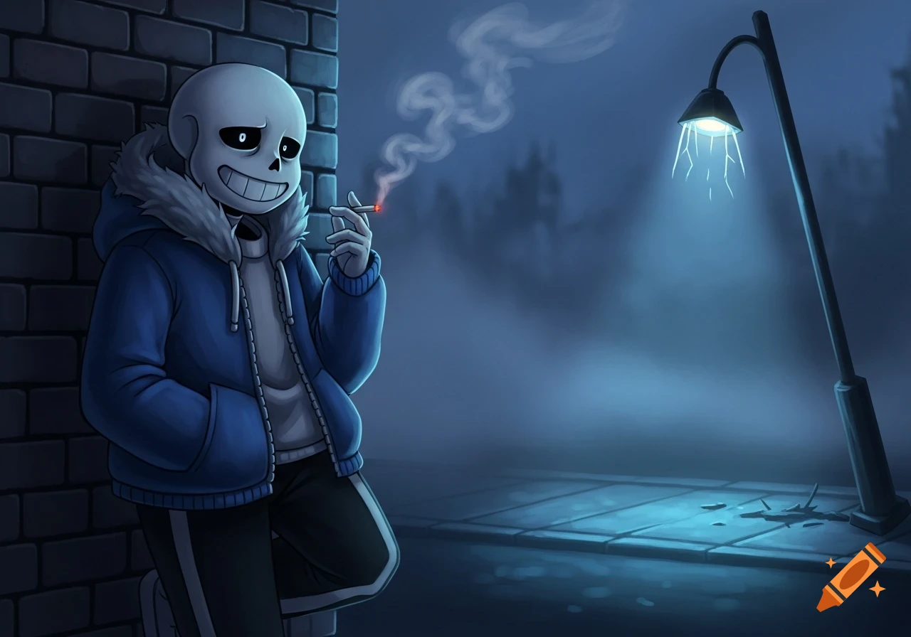 Sans from Undertale leans against a brick wall, smoking a cigarette under a streetlamp at night in a cartoon style.