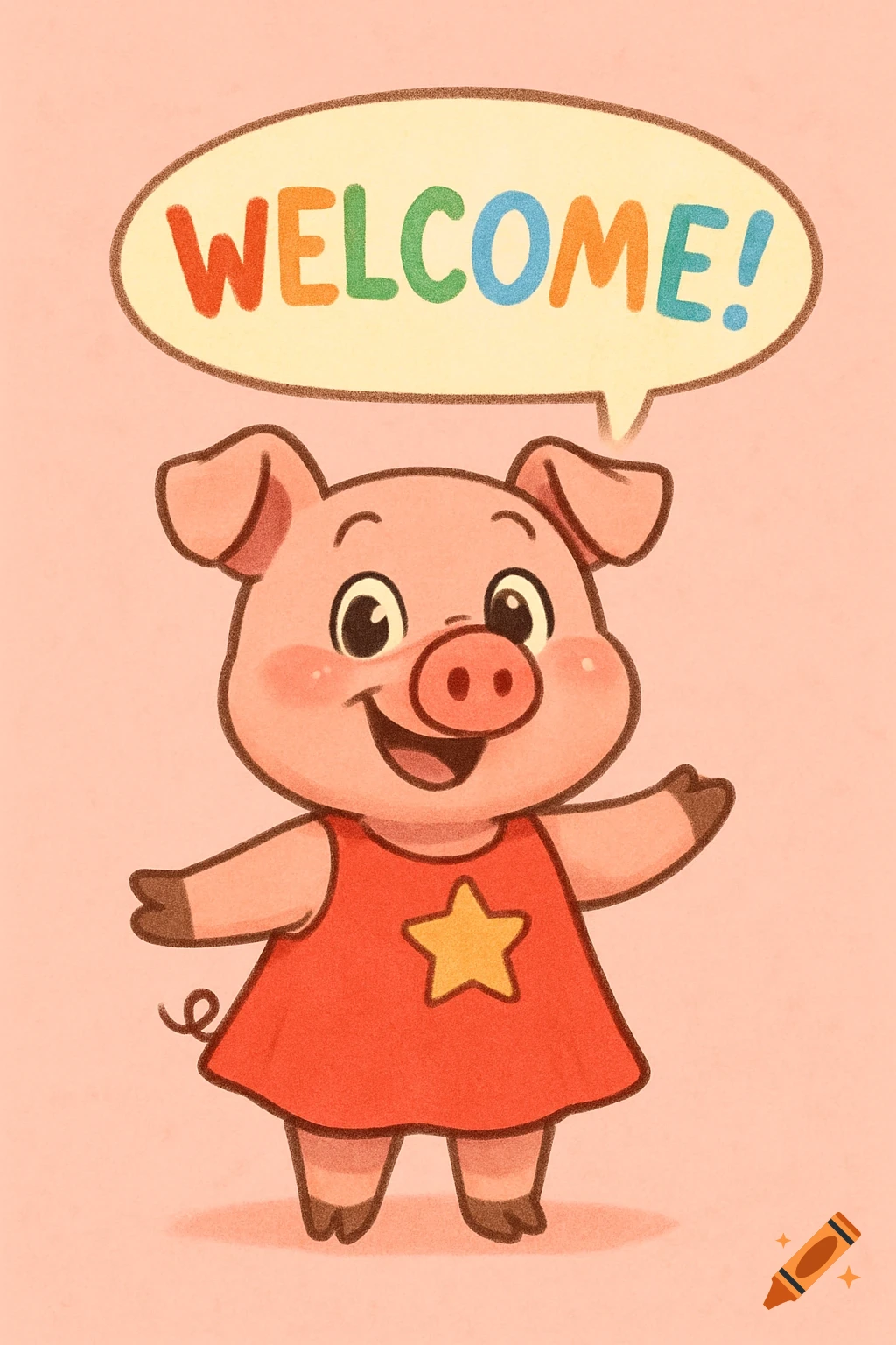 A cute cartoon pig in a red dress with a star waves under a speech bubble that says "WELCOME!" on a pink background.