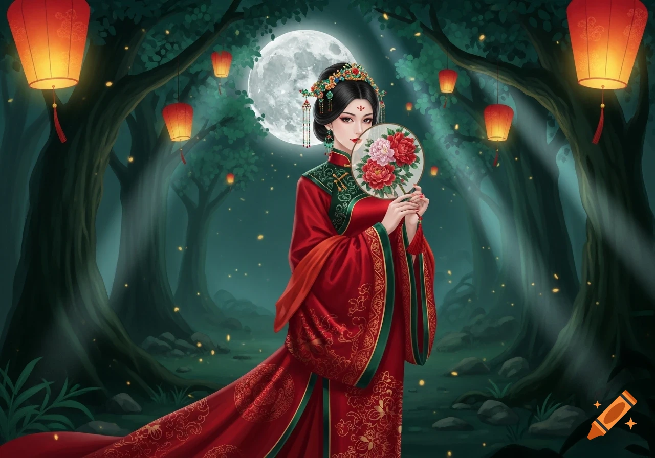 An elegant woman in a red Quipao-style dress with a fan stands in a moonlit forest with lanterns.