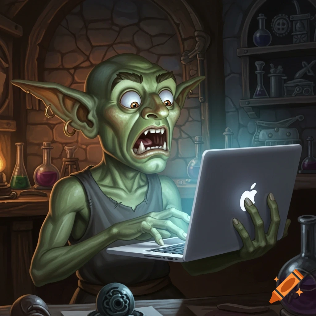 A scared green goblin with large ears and pointed teeth looks at a glowing silver laptop in a dimly lit stone room with flasks and potions, digital illustration.