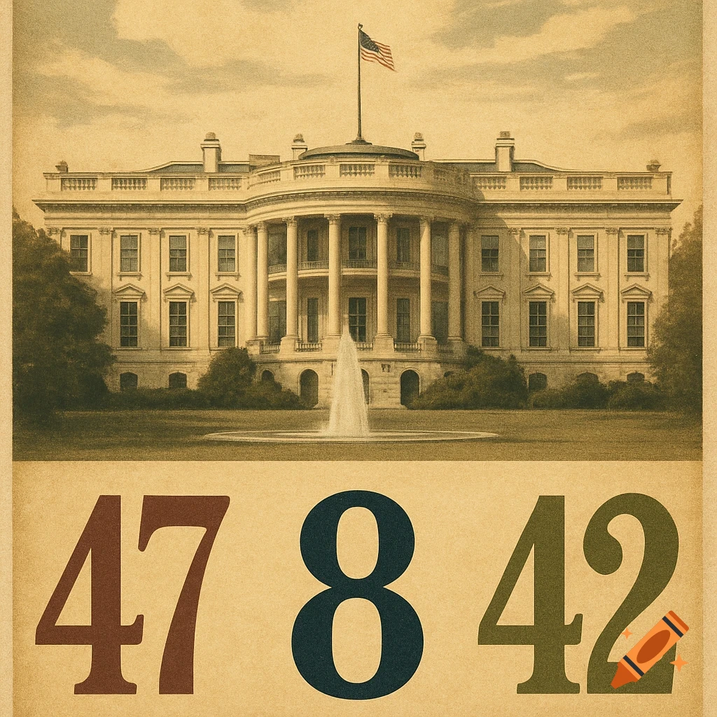 Vintage poster of the White House with an American flag, fountain, and large numbers 47, 8, and 42 across the bottom.