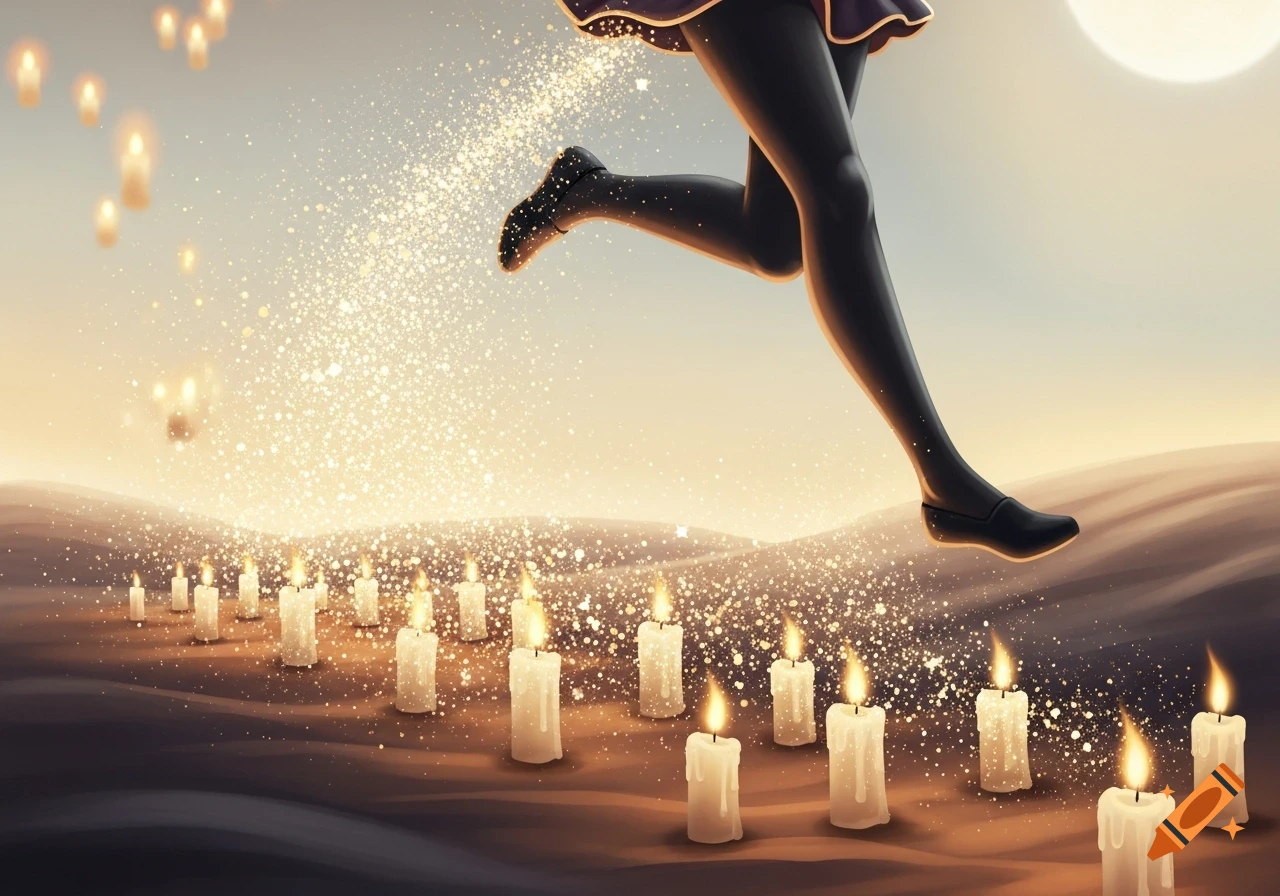 Fantasy illustration of legs running above a desert landscape with many glowing candles and glittering particles.