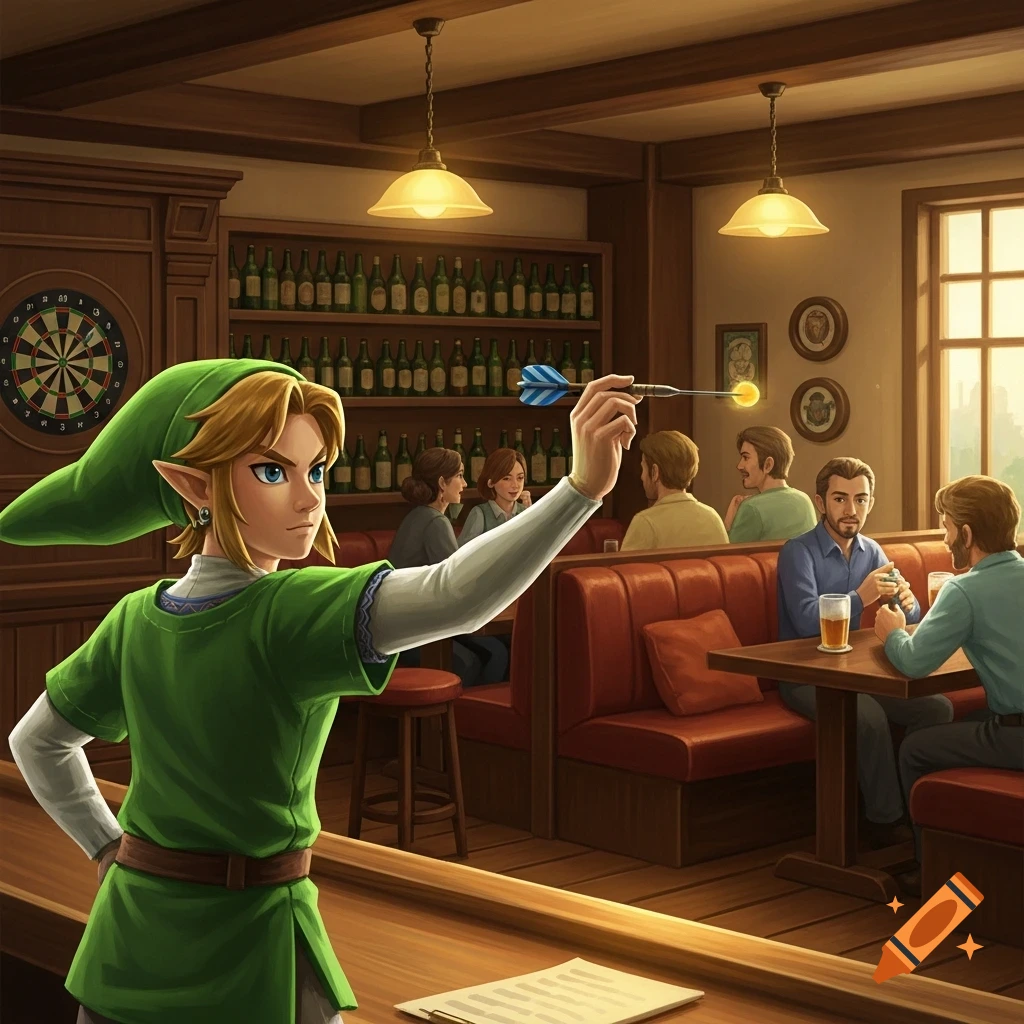 A character resembling Link from Zelda throwing a dart in a cozy pub, with other patrons in the background.
