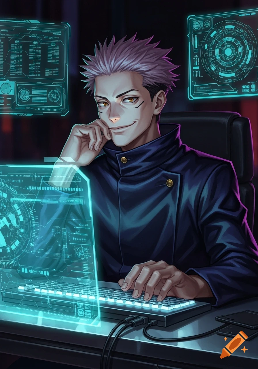 Anime male character with purple hair and golden eyes smiles while typing on a holographic keyboard in a dark, high-tech room with glowing blue screens.