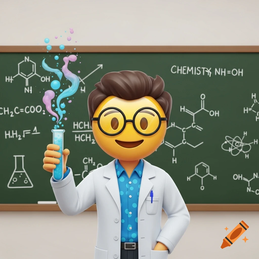 A 3D emoji character with glasses and a lab coat holds a test tube bubbling with colorful liquids, standing in front of a blackboard covered in chemical formulas.