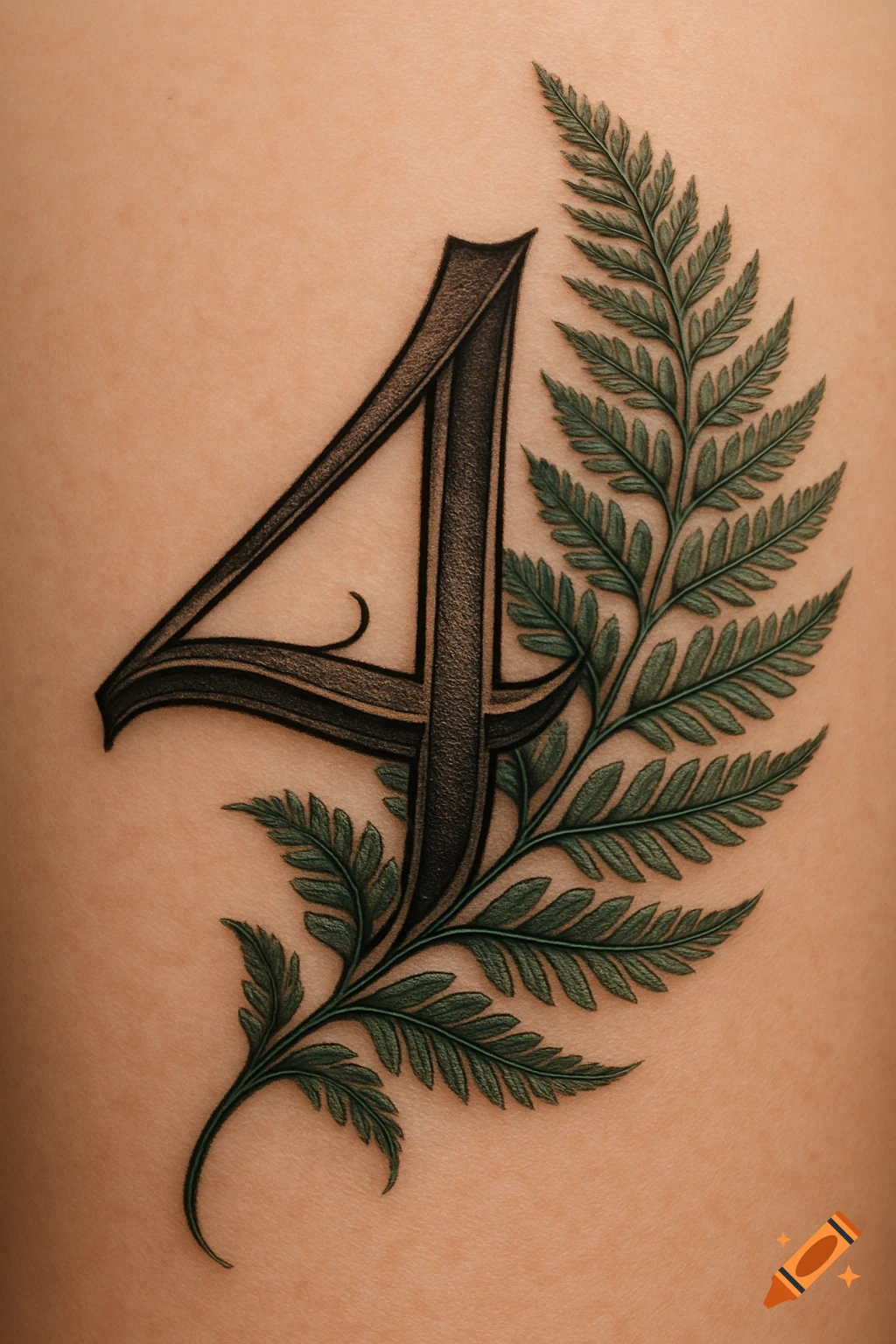A detailed tattoo of the number 4 intertwined with a green fern leaf on skin, with realistic texture.