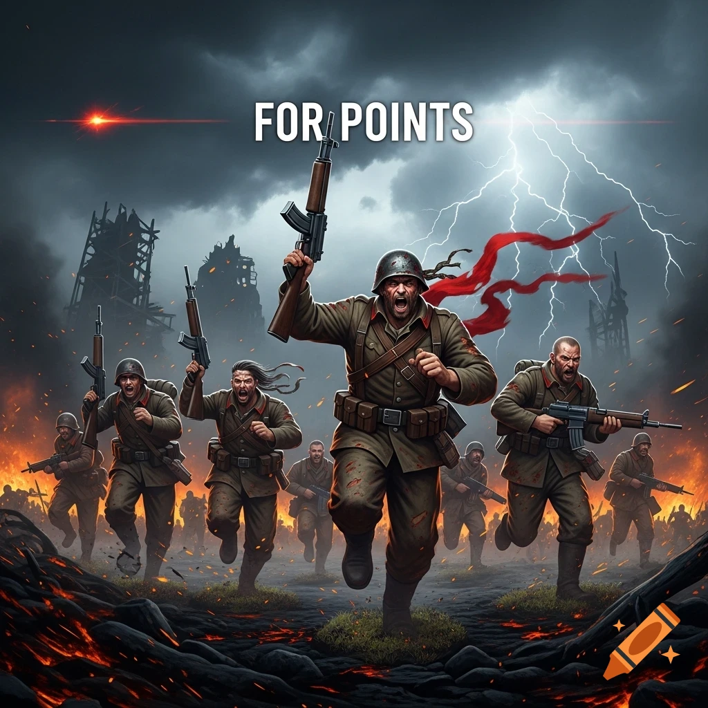 Dramatic illustration of soldiers charging into a burning battlefield under a stormy sky with lightning, text reads 'FOR POINTS'.