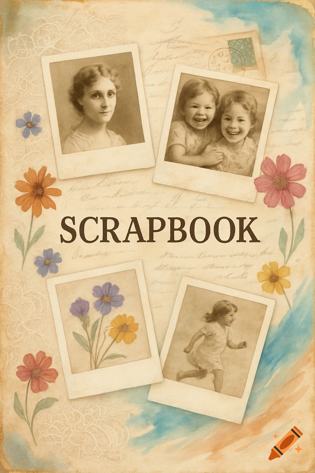 A vintage scrapbook cover with sepia-toned photos of a woman and children, pressed flowers, and the word 'SCRAPBOOK'.