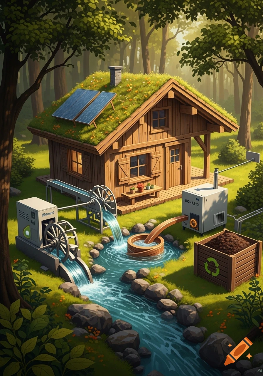 An eco-friendly wooden cabin with a green roof and solar panels in a forest, powered by hydro-power and a biomass system. Illustrated style.