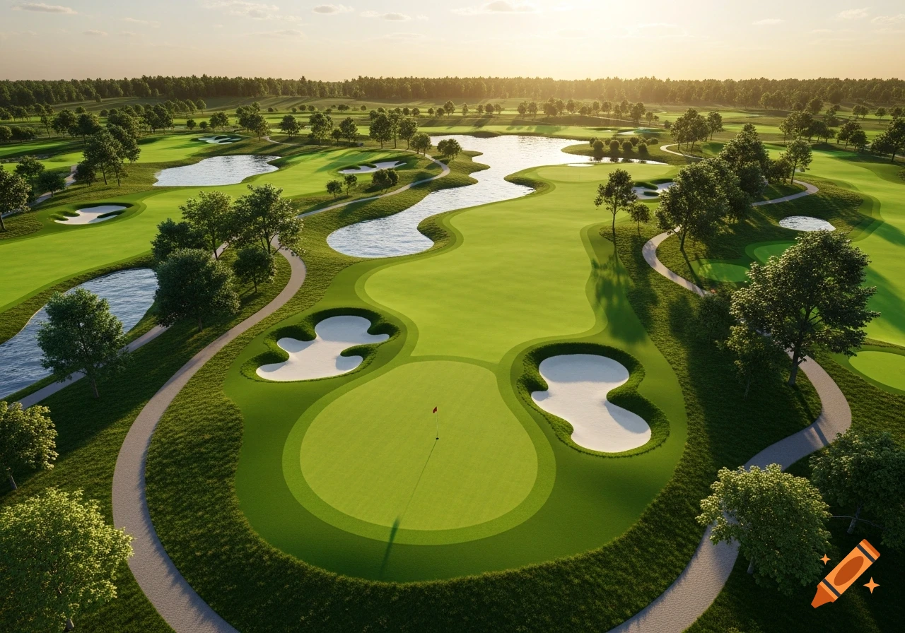 An aerial view of a vibrant green golf course with winding fairways, sand traps, and shimmering water hazards under a warm sunset glow.