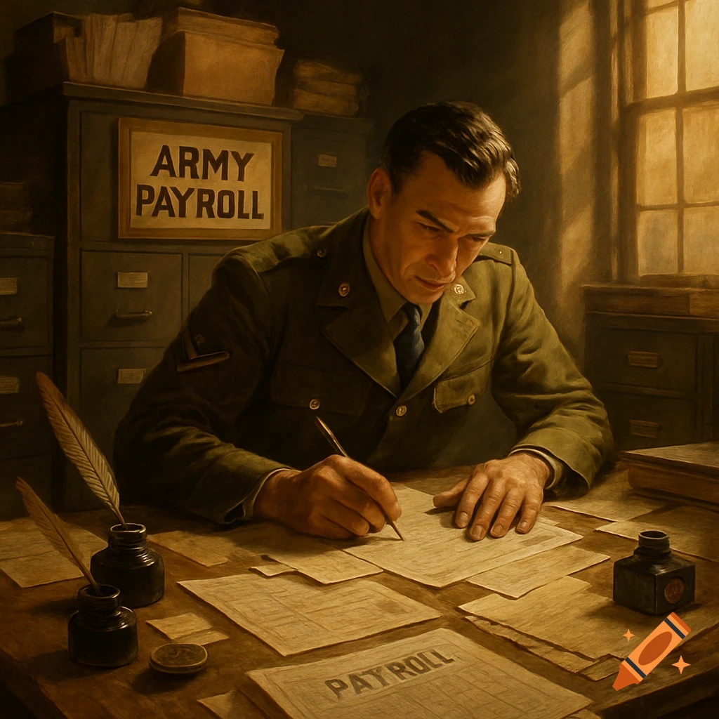 A man in a military uniform intently writes at a wooden desk with papers, inkwells, and quill pens. A sign reads 'ARMY PAYROLL' above him. Painterly style.