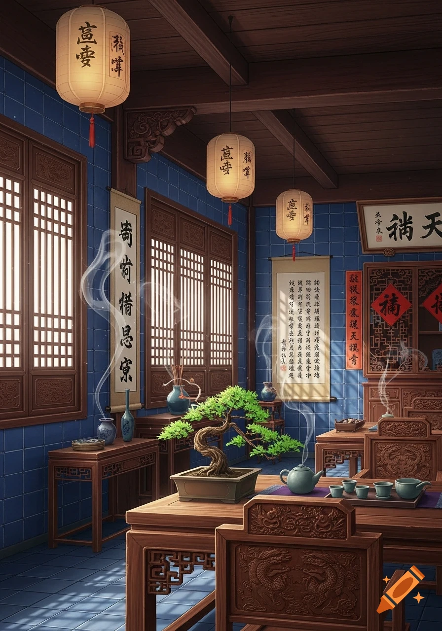 Interior of a traditional Chinese room with blue tiled walls, dark wood furniture, hanging lanterns, scrolls, a bonsai tree, and a tea set.