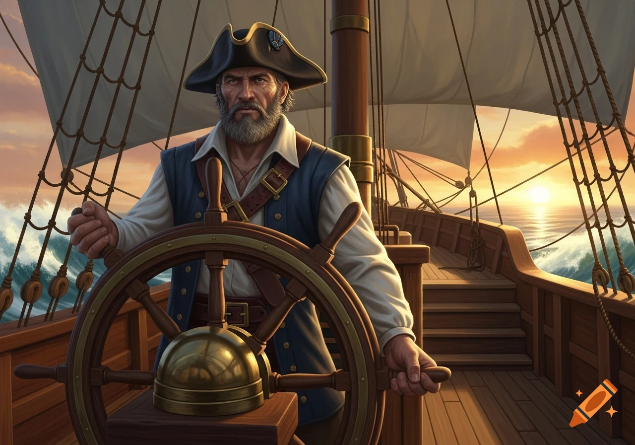 A bearded pirate captain steers a wooden ship's wheel on an old-time sailing vessel at sunset, with waves crashing.