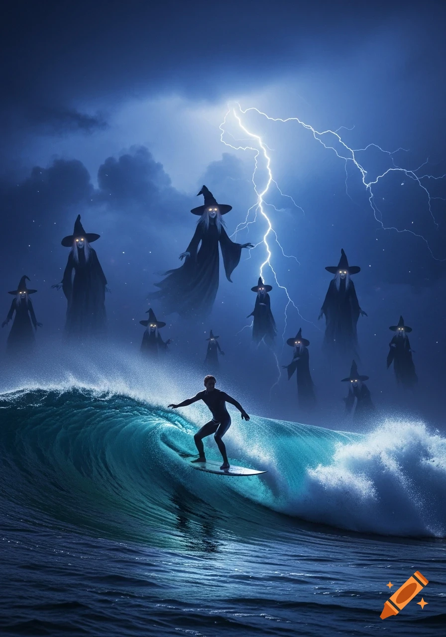 A surfer rides a wave on a dark ocean under a stormy, lightning-filled sky, surrounded by many ominous witches with glowing eyes.