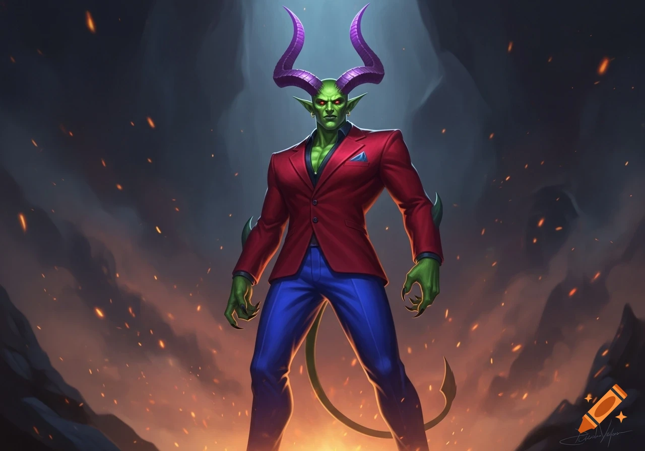 A green-skinned demon in a red suit jacket, blue trousers, and purple horns, stands against a fiery, smoky background.