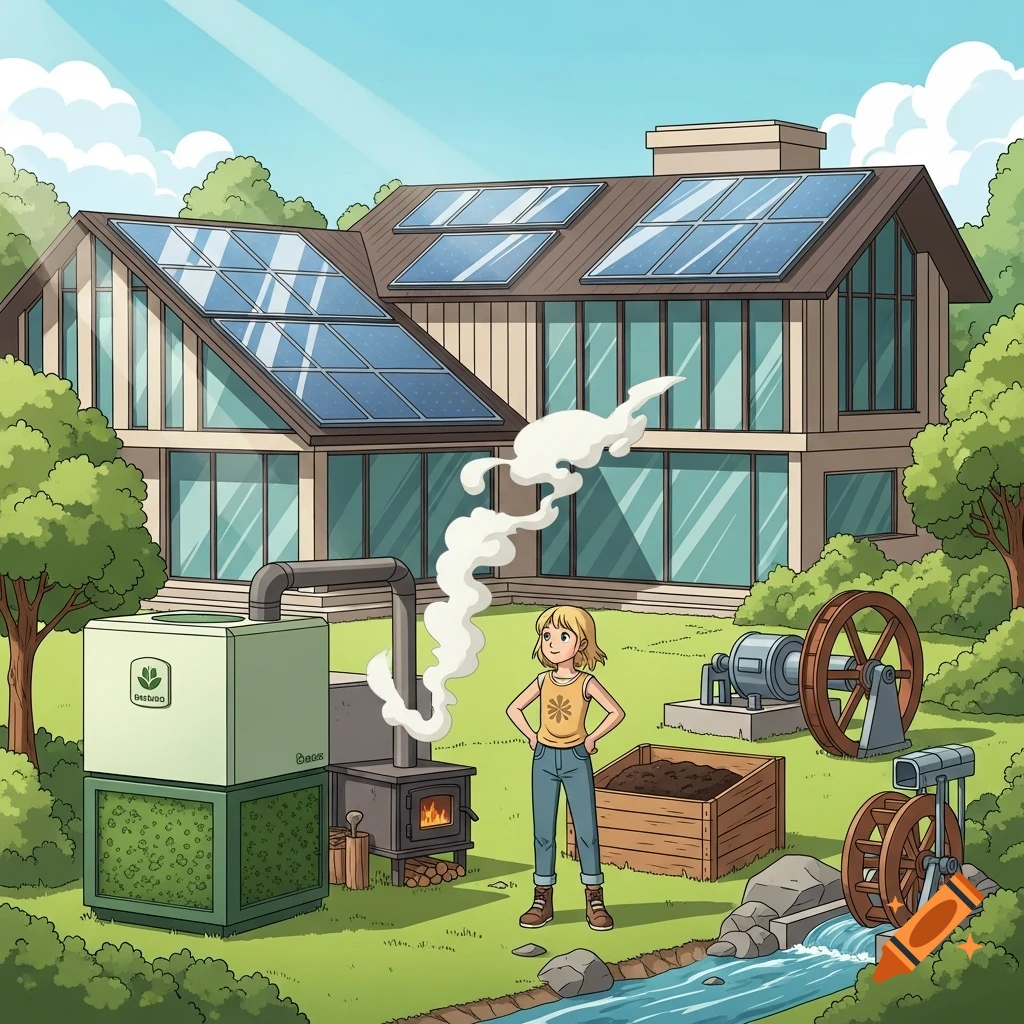A blonde girl stands in front of an eco-friendly mansion with solar panels. A biomass boiler, wood stove, compost bin, and water wheels for hydro-power are in the yard, in computer art style.
