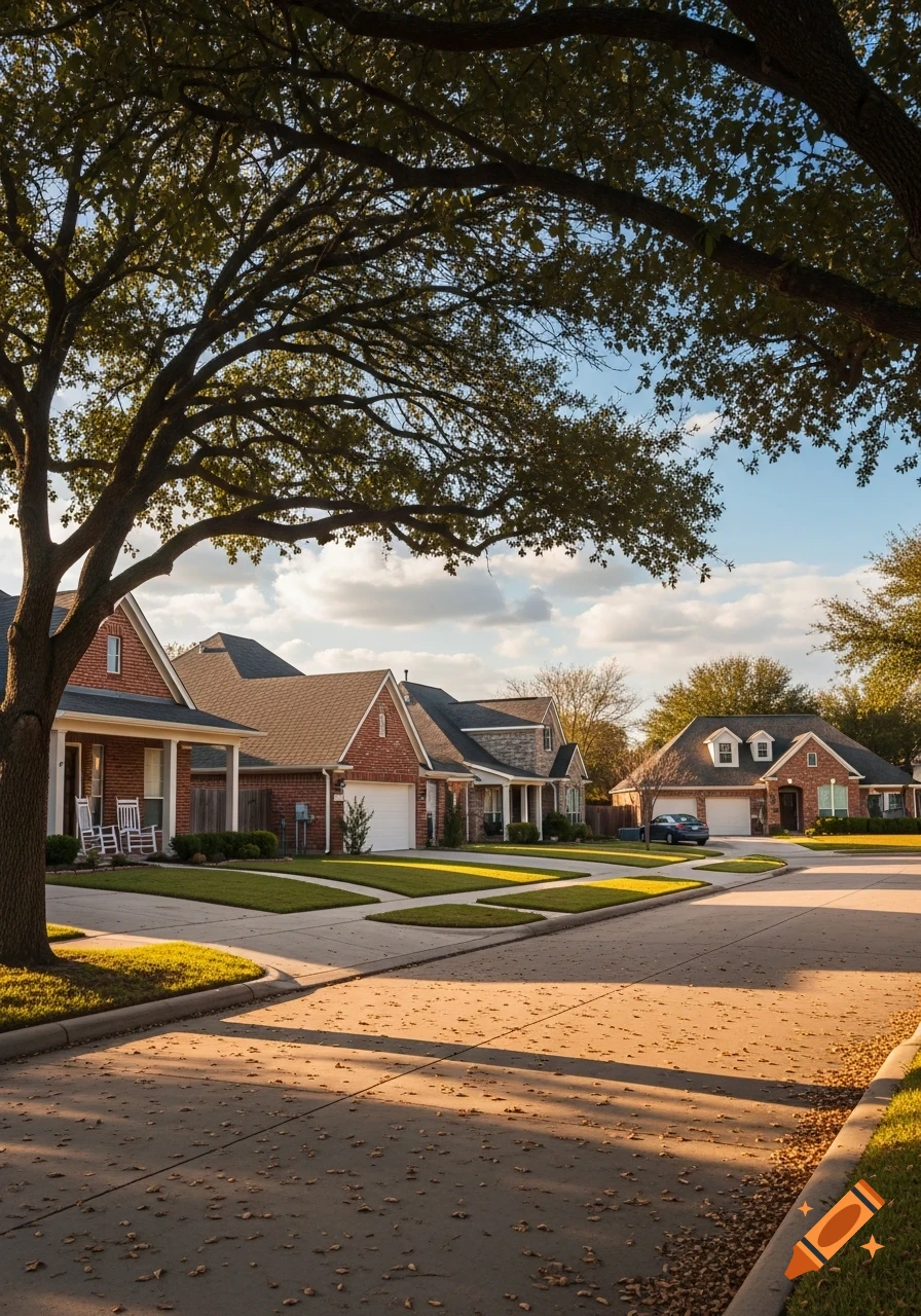 A sunlit suburban street with brick houses, green lawns, and large trees casting shadows across the pavement.
