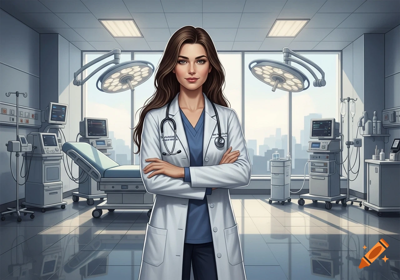A female doctor with brown hair, wearing a white lab coat and stethoscope, stands in a modern operating room.