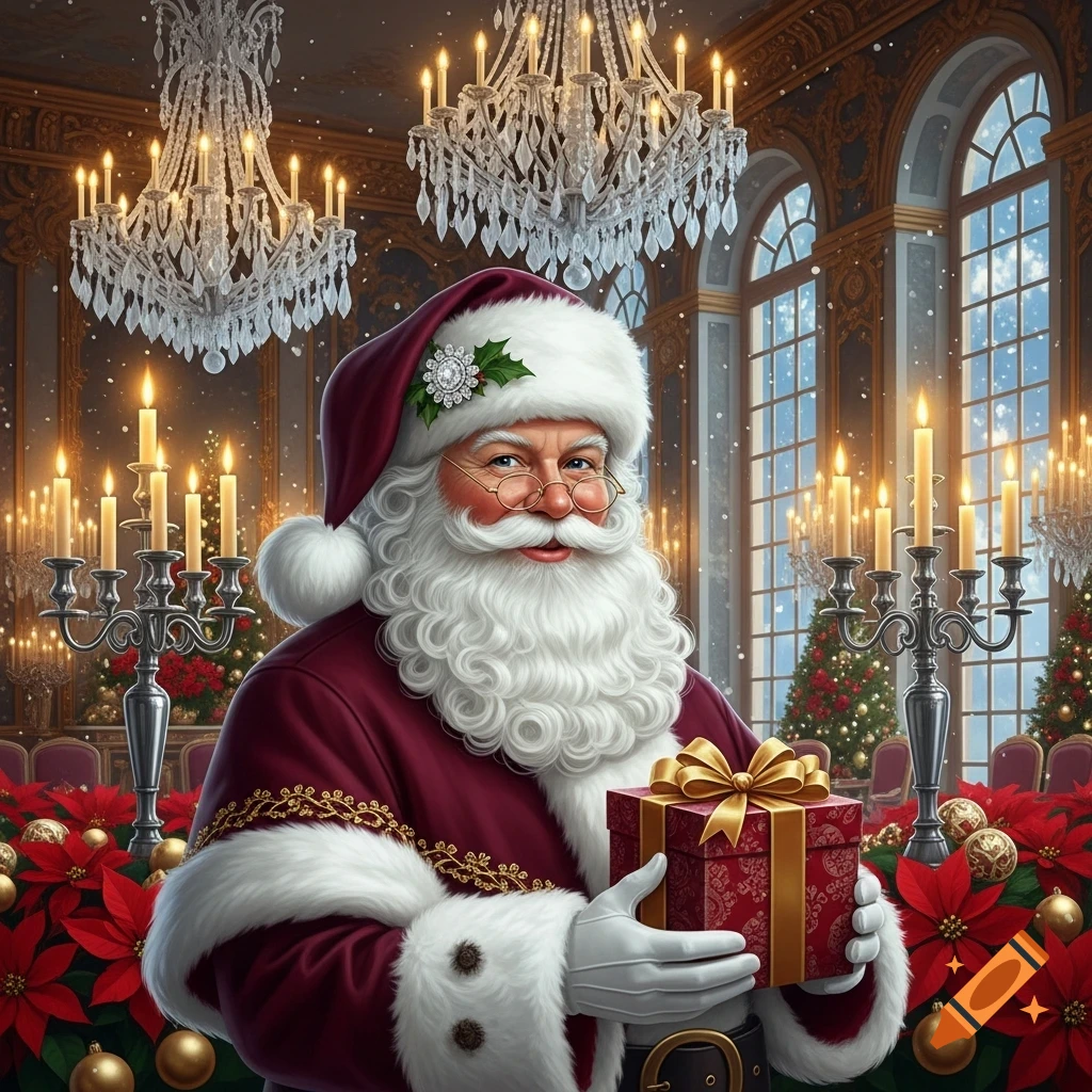 Santa Claus holds a red gift box with a gold ribbon in an opulent, festive room filled with chandeliers, candles, and poinsettias.