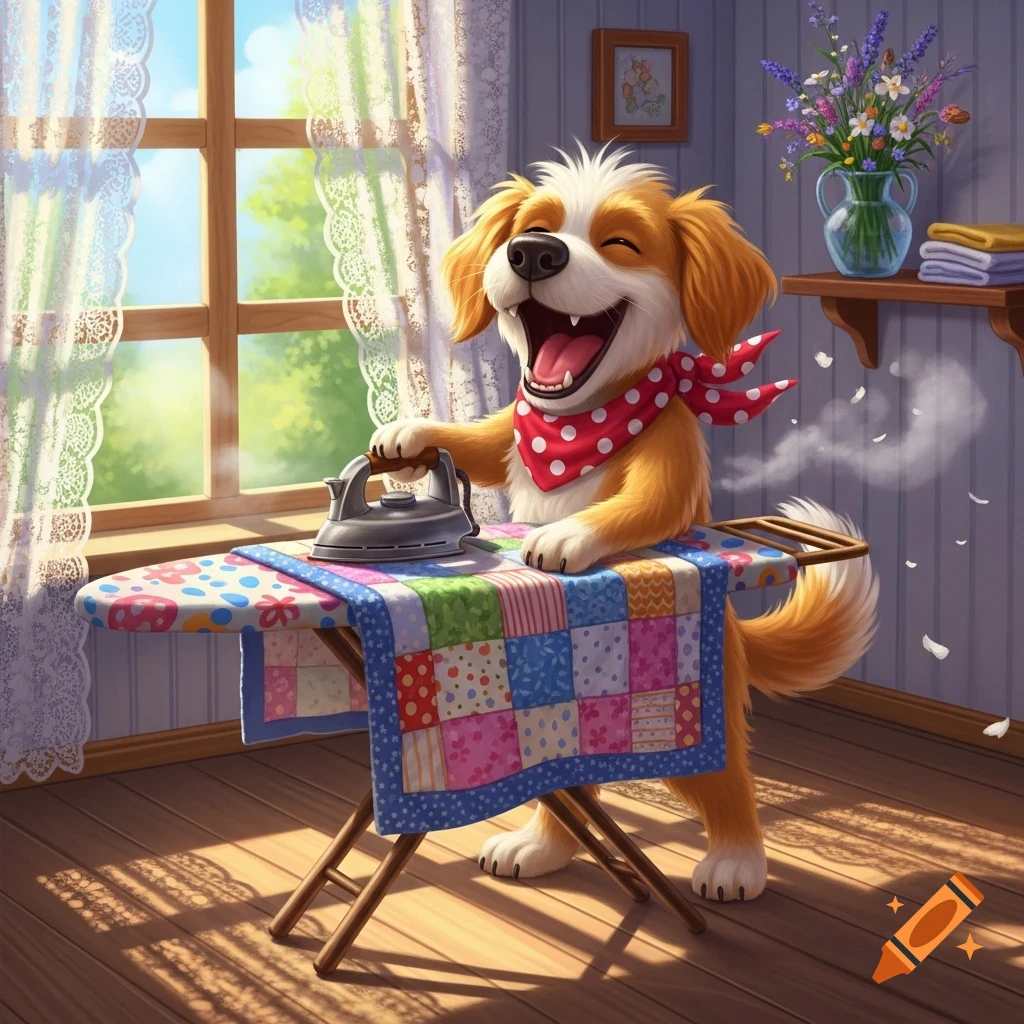 A happy cartoon dog in a red bandana irons a colorful patchwork quilt on an ironing board in a sunny room.