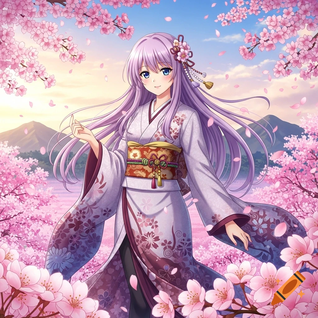 An anime girl with long purple hair and blue eyes wears a white and purple kimono, standing amidst blooming pink cherry blossoms under a blue sky.
