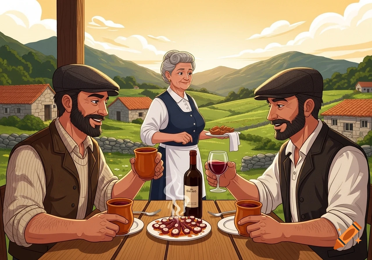Illustration of two bearded men eating Galician octopus and drinking wine outdoors, served by an older woman, in a rural landscape.