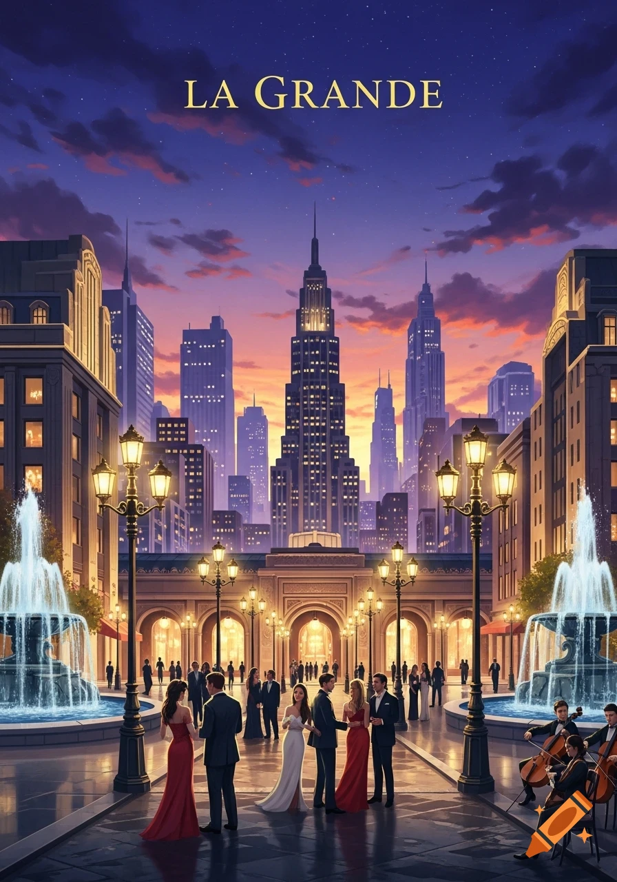 Stylized illustration of elegantly dressed people on a city street with fountains and ornate streetlights, set against a grand cityscape at sunset.