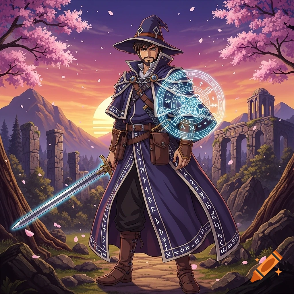 A male wizard with a sword and a glowing magical shield stands in ancient ruins with cherry blossoms under a sunset, in an 80-90s anime style.