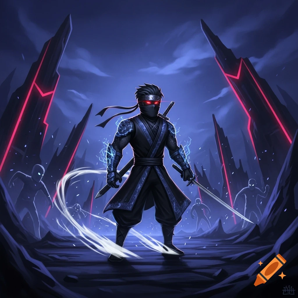 A powerful ninja in a black suit with blue glowing details and red eyes, holding two swords, stands in a dark, stylized landscape with glowing red spires and shadowy figures.