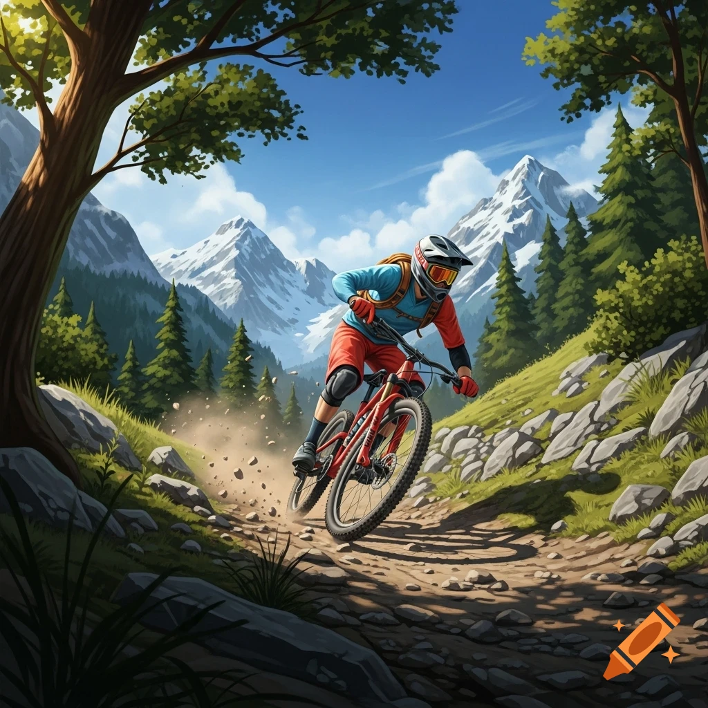 An illustrated mountain biker in a helmet and gear rides down a rocky dirt trail amidst snowy mountains and green trees on a sunny day.