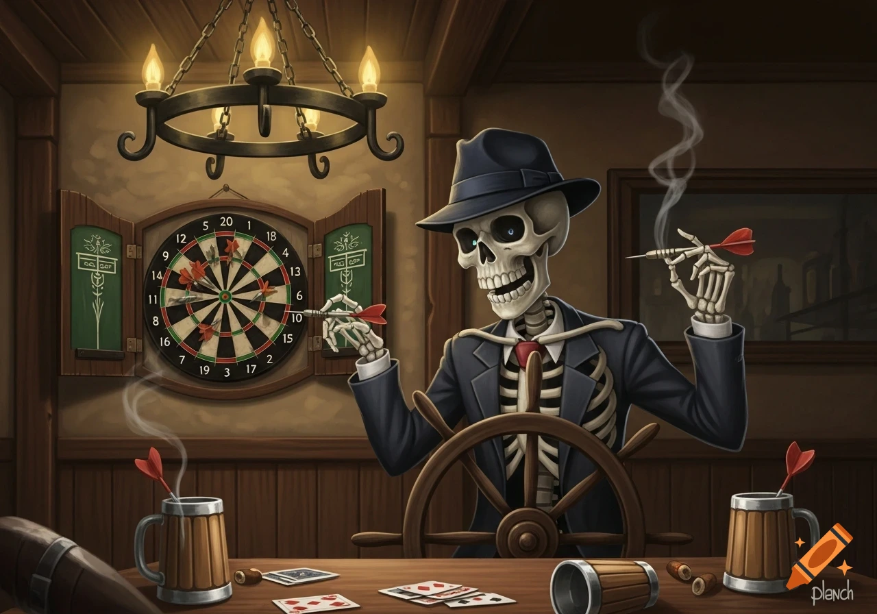 A smiling skeleton in a suit and fedora plays darts in a dimly lit tavern, holding a dart and a cigar-like object. Playing cards are on the table.