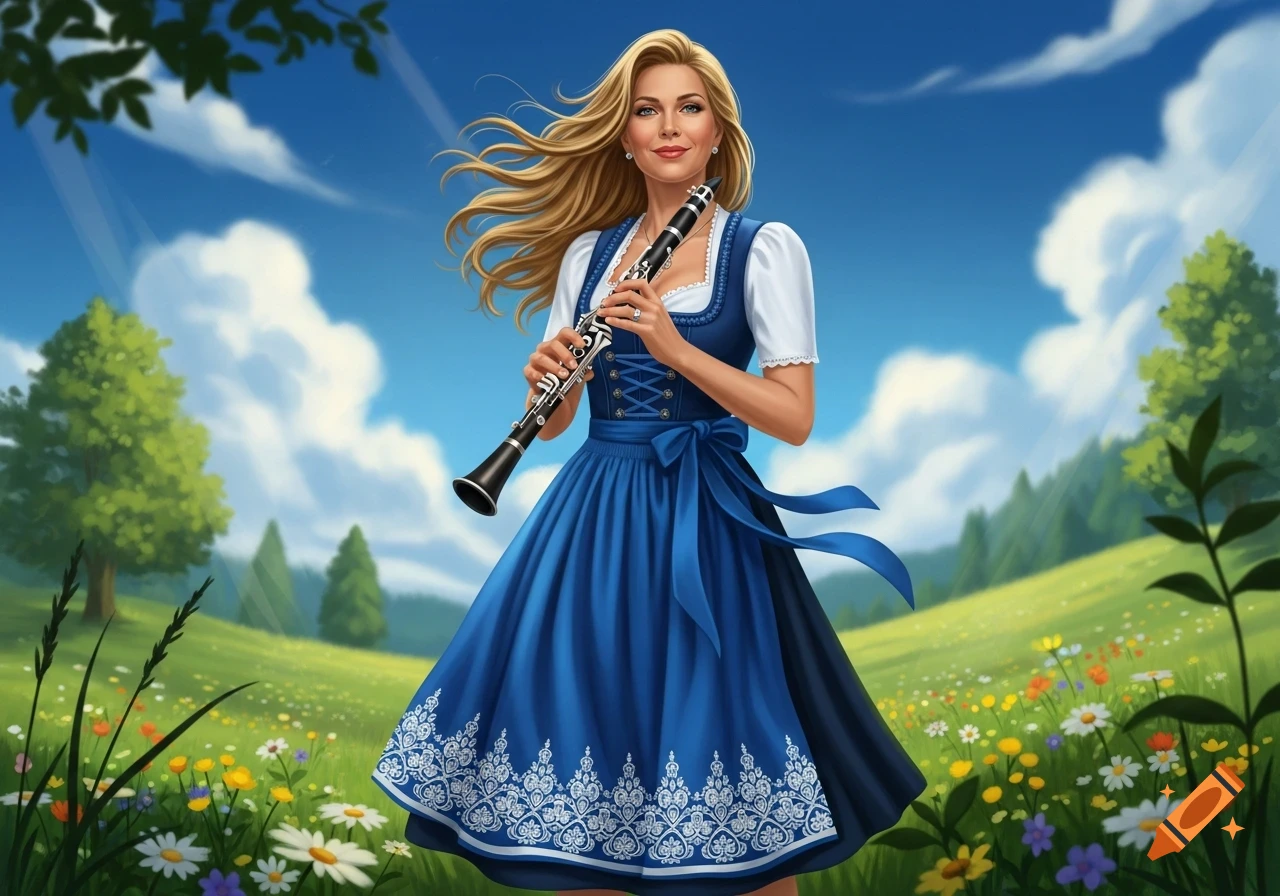 Blonde woman in a blue Dirndl holding a clarinet in a sunny, flower-filled meadow under a blue sky.