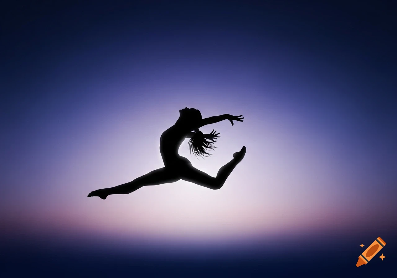 Silhouette of a gymnast mid-leap against a gradient purple and blue sky.