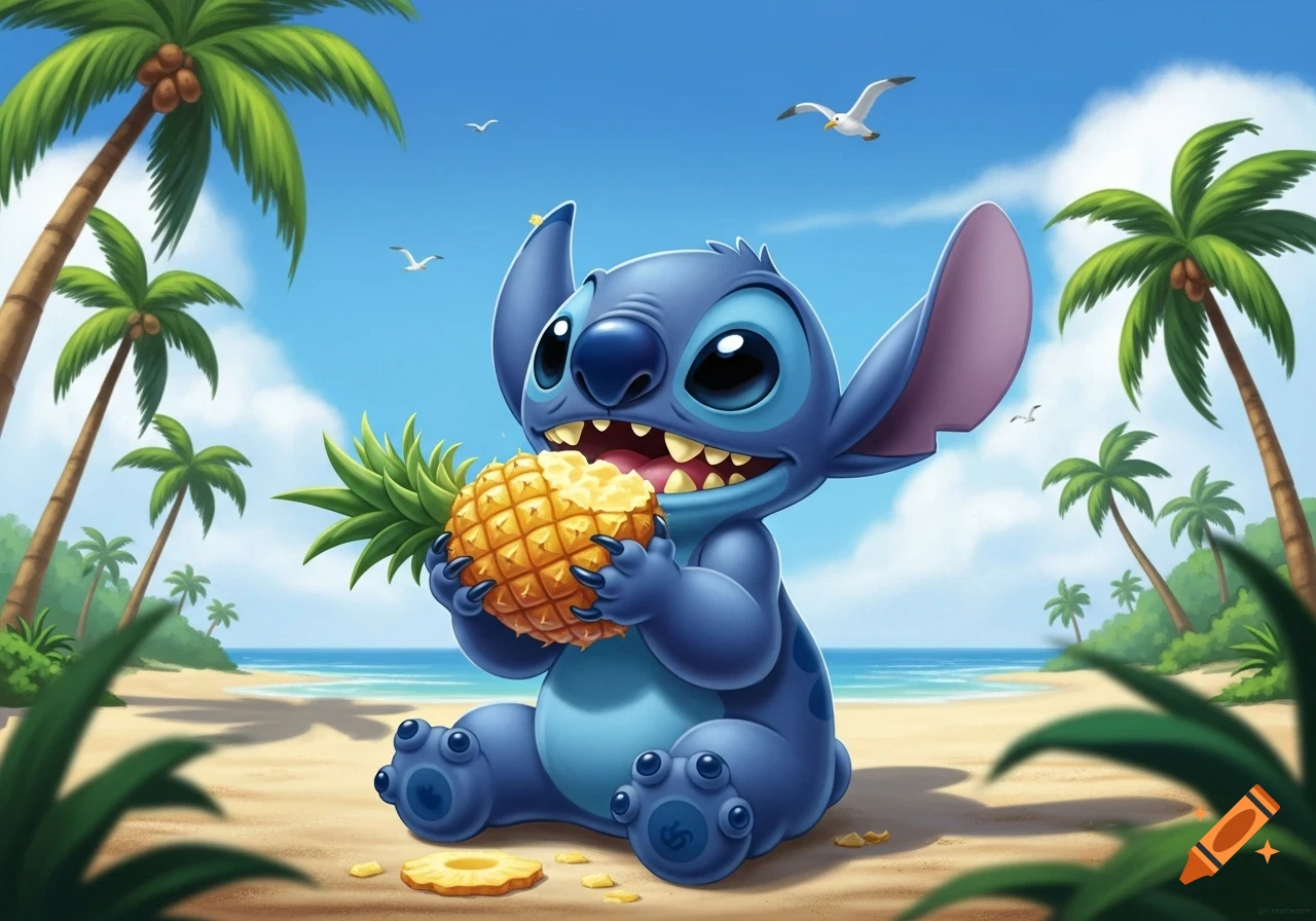Stitch, the blue alien, happily eating a pineapple on a sunny tropical beach with palm trees and seagulls in a cartoon style.